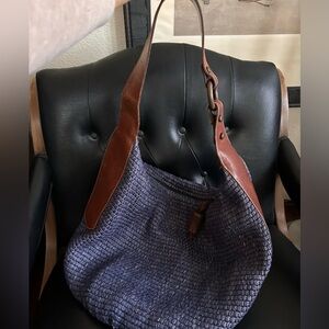 Made in Italy Blue Woven Hobo Shoulder Bag Leather Trim and bottom size large